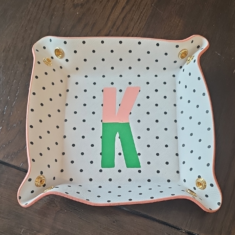 kate spade White Polka Dot Leatherette Tray with Pink & Green Monogram K - Picture 4 of 4